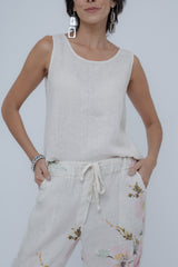 Calça Linho Floral Cós Elástico